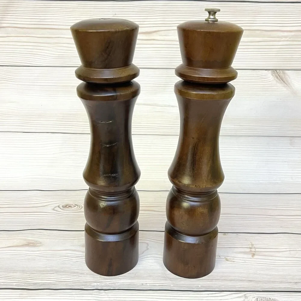 VTG Large Wood Turned Salt Shaker & Pepper Mill Grinder Set 12” MCM Retro Rustic
